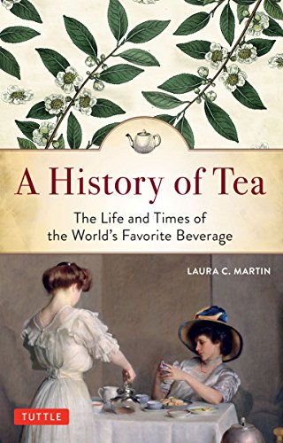 Book cover: “A History of Tea” with floral design and women at tea.