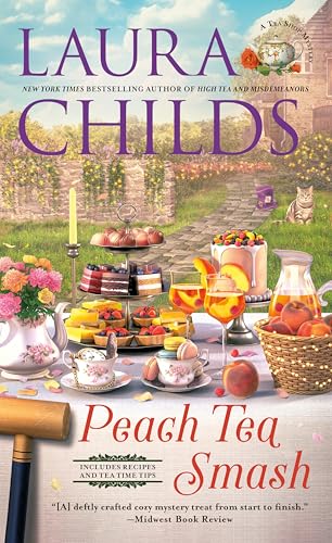 Book cover: “Peach Tea Smash” with tea setting and garden scene.