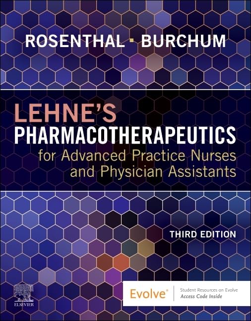 Book cover: "Lehne's Pharmacotherapeutics," third edition, dark blue geometric pattern.