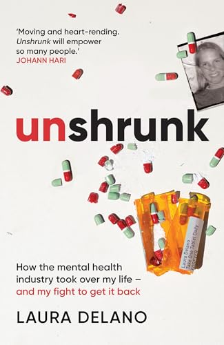 Book cover with scattered pills, a portrait, and bold red title "unshrunk".