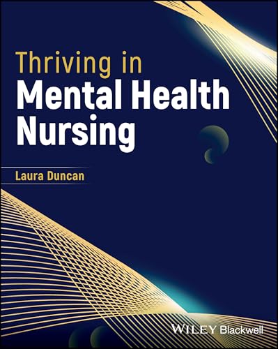 Book cover: "Thriving in Mental Health Nursing" by Laura Duncan, dark blue background.