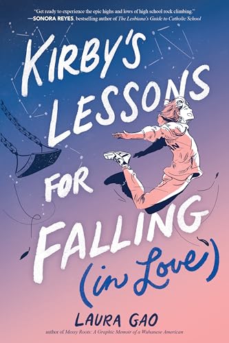Graphic novel cover: a young person mid-air, rock climbing, pink and blue tones.