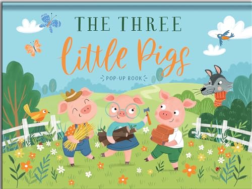 Three little pigs carrying straw, sticks, and bricks in a field with a wolf nearby.