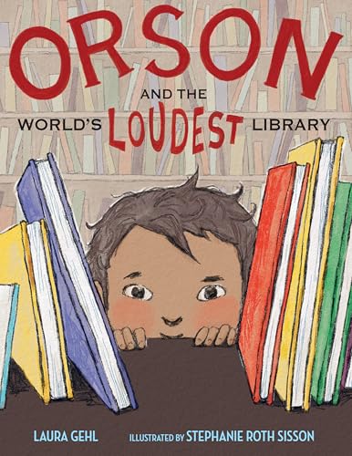 Boy peeks from behind colorful books in a library setting.