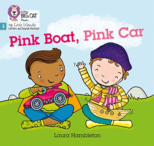 Children with a pink boat and car, book cover illustration.