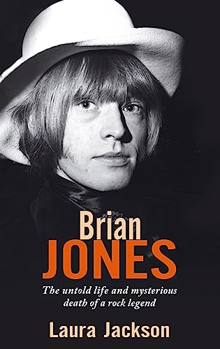 Black and white portrait of Brian Jones, book cover with orange text.