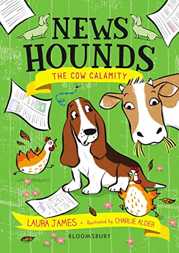 Book cover featuring dogs, a cow, chickens, and scattered newspapers.