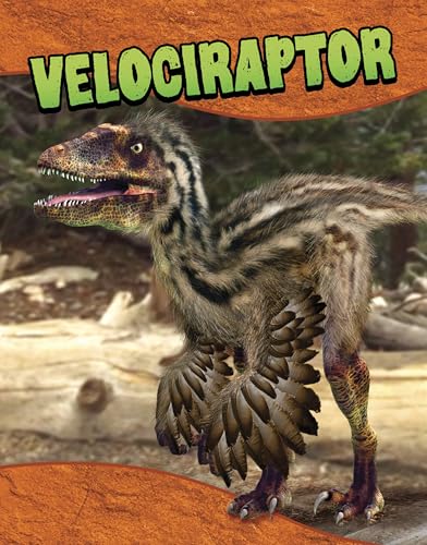 Feathered velociraptor dinosaur with claws, depicted on a book cover.