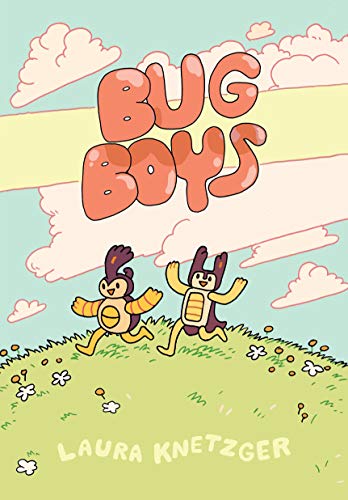 Two cartoon bug characters run across a grassy hill under a cloudy sky.