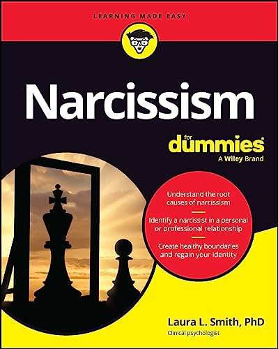 Book cover for "Narcissism For Dummies" with chess pieces and red/black design.