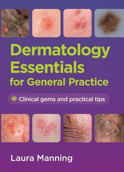 Book cover with dermatology images, title "Dermatology Essentials for General Practice".
