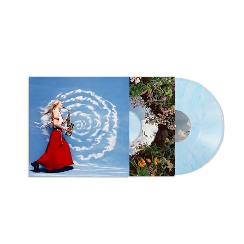 Laura Misch playing saxophone on album cover with blue marbled vinyl record.