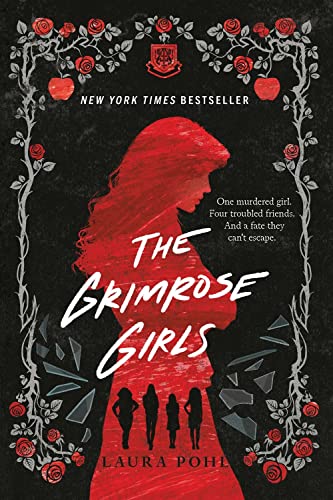 Book cover: red roses frame a silhouette of a girl and three figures.