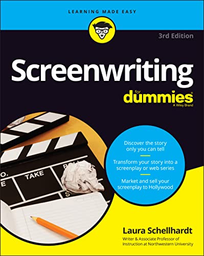 Book cover: "Screenwriting For Dummies," 3rd edition, with film clapperboard.