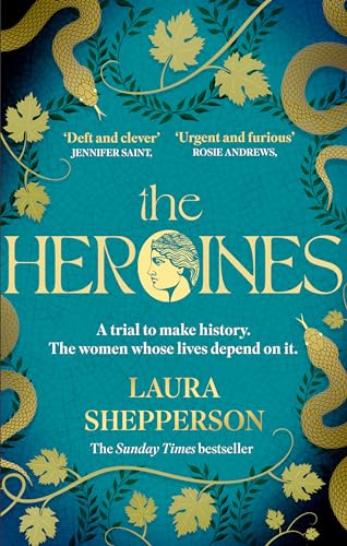 Book cover with a teal background, gold snakes, vine illustrations, and a classical female profile.