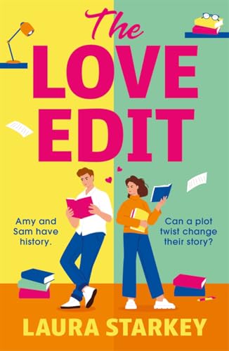 Book cover with illustrated man and woman holding books, split background.