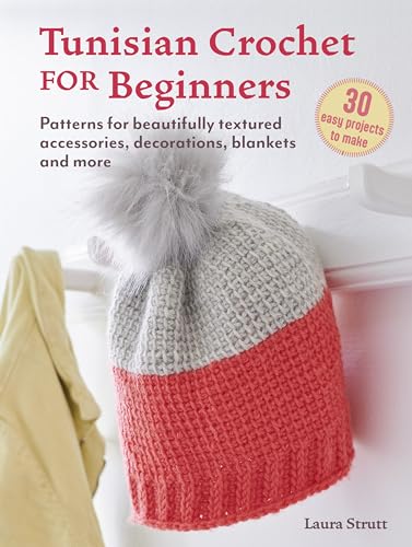 Book cover featuring a grey and coral Tunisian crochet beanie with a pom-pom.