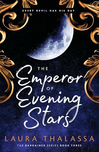 Book cover featuring a crescent moon, gold filigree borders, and text on blue background.