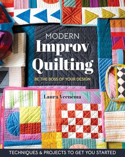 Book cover titled Modern Improv Quilting featuring a collage of colorful, geometric fabric quilt patterns.