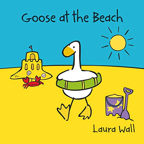 Goose with a green float, sandcastle, crab, and beach toys under sun.