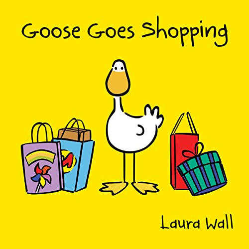 Cartoon goose with shopping bags on a bright yellow background.