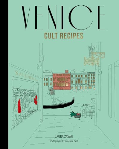 Book cover titled Venice Cult Recipes with a light green background and line drawing.