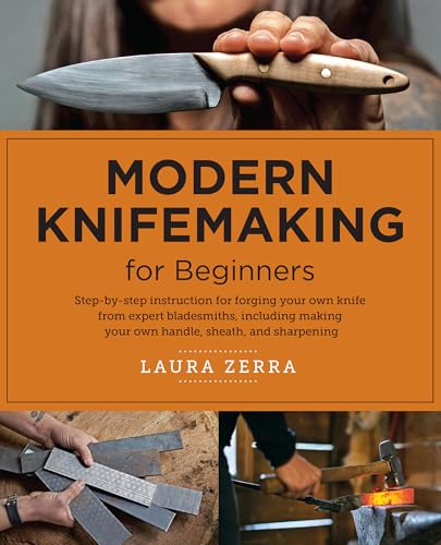 Book cover: “Modern Knifemaking for Beginners” with a finished knife and forging scenes.