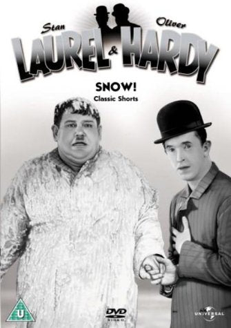 Black and white DVD cover featuring Stan Laurel and Oliver Hardy in snow.