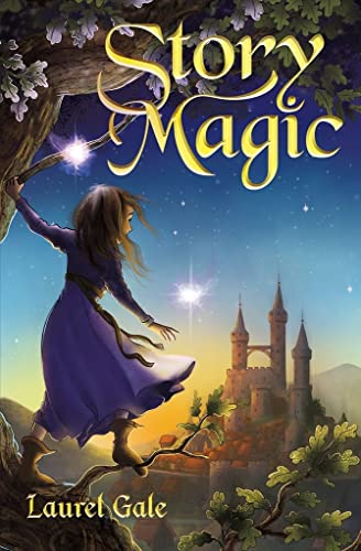 Girl in purple dress on tree branch with castle and stars in background.