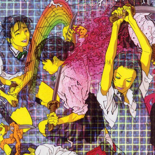CD cover: Anime-style illustration of young women with swords, pink haze.