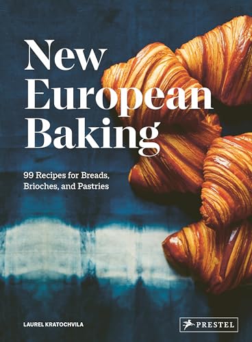 Book cover titled New European Baking featuring golden croissants on a blue patterned background.