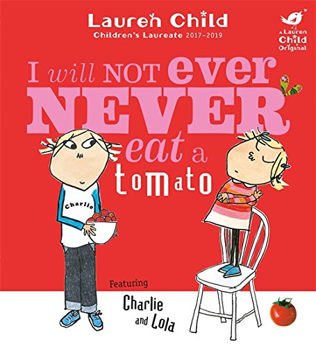 Book cover with Charlie and Lola, a tomato, and red text on a red background.