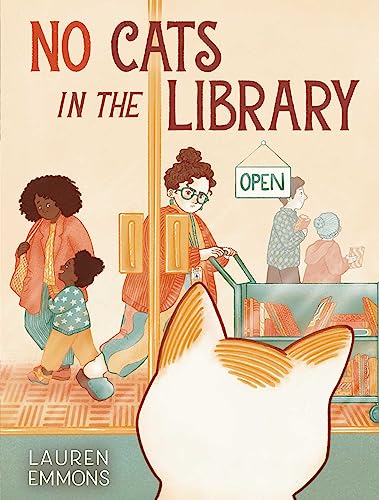 Book cover: people entering a library, with a large cat paw print.