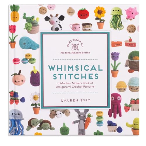 Book cover with colorful crocheted amigurumi animals and plants arranged around text.