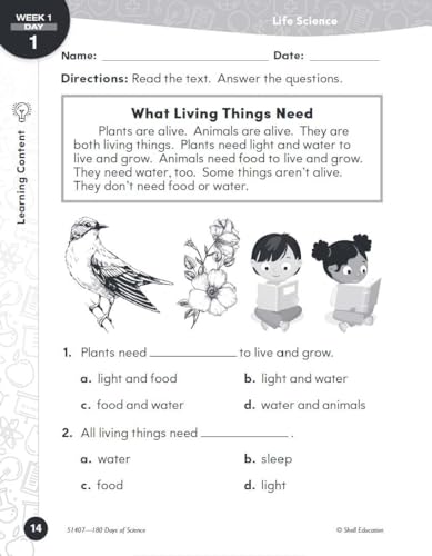 First grade science worksheet with text, illustrations, and multiple-choice questions.
