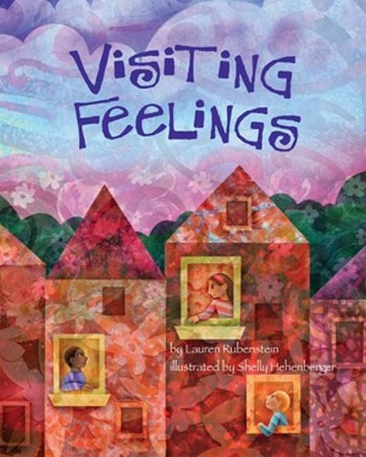 Book cover with illustrated houses, children in windows, and floral background.