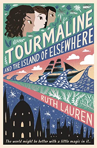 Book cover showing three girls' faces above a sailing ship, ocean, and dark cityscape.
