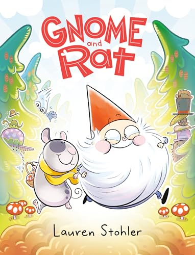A gnome and a rat walk through a whimsical, colorful forest.
