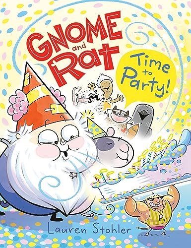 Gnome and Rat celebrate with friends around a large birthday cake.