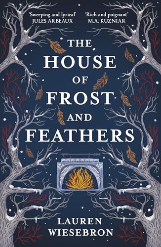 Book cover with snowy branches framing a fireplace and falling leaves.