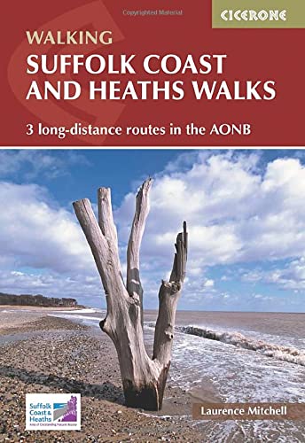 Book cover: “Suffolk Coast and Heaths Walks” with coastal landscape image.
