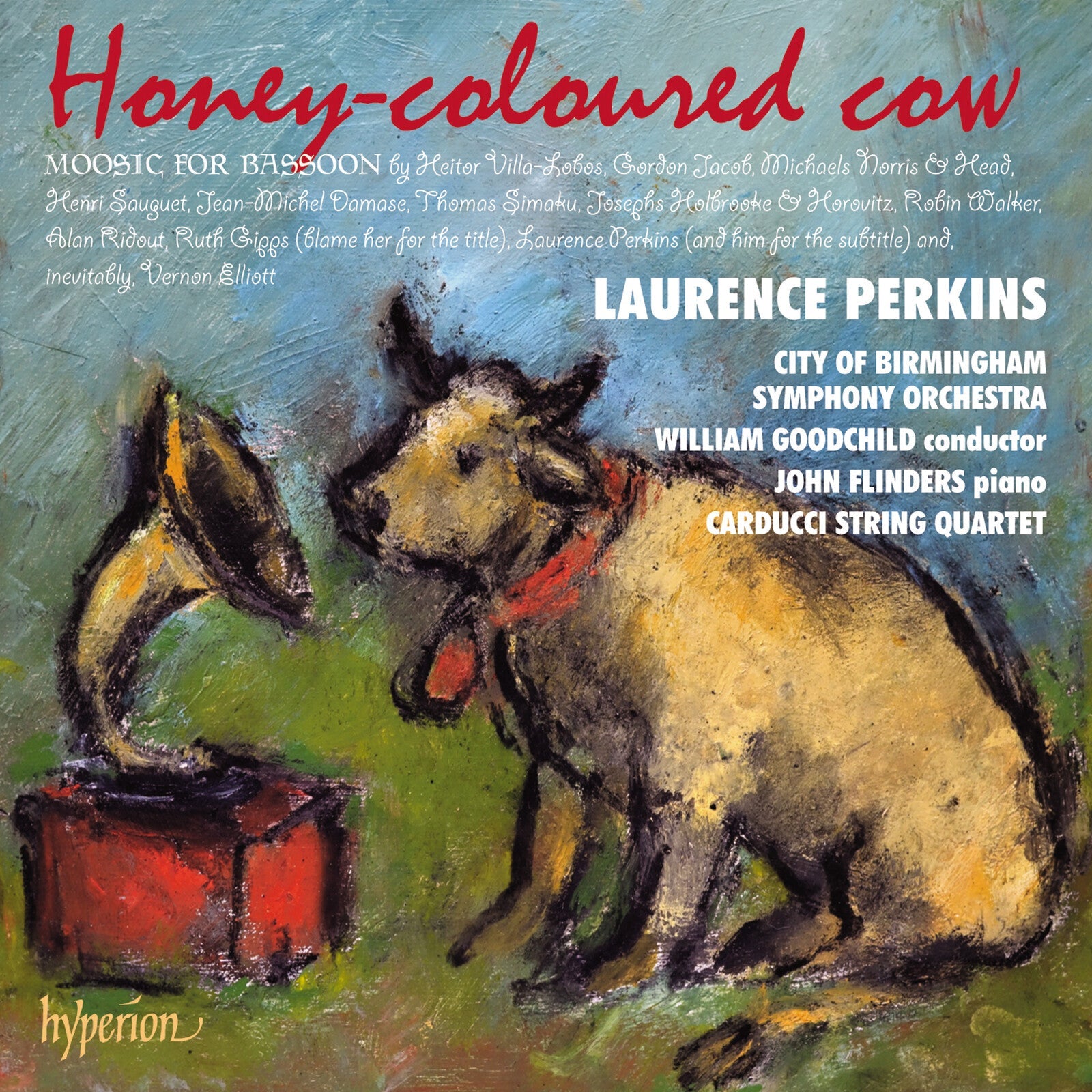 CD cover: painted cows and a red stool, text lists composers and performers.
