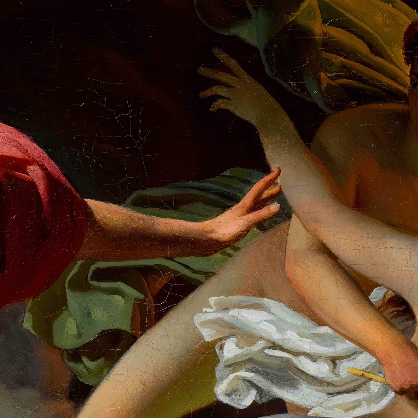 Detail of an oil painting showing a hand reaching toward another person's arm.