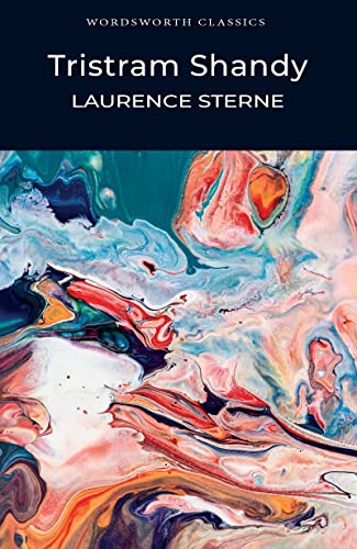 Book cover for Tristram Shandy by Laurence Sterne featuring an abstract colorful paint swirl design.