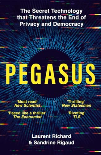 Book cover for “Pegasus” with glowing text over digital code background.