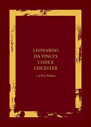 Red book cover with gold frame and title: "Leonardo da Vinci's Codex Leicester.