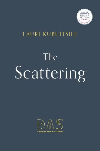 Book cover: "The Scattering" by Lauri Kubuitsile, dark blue background.