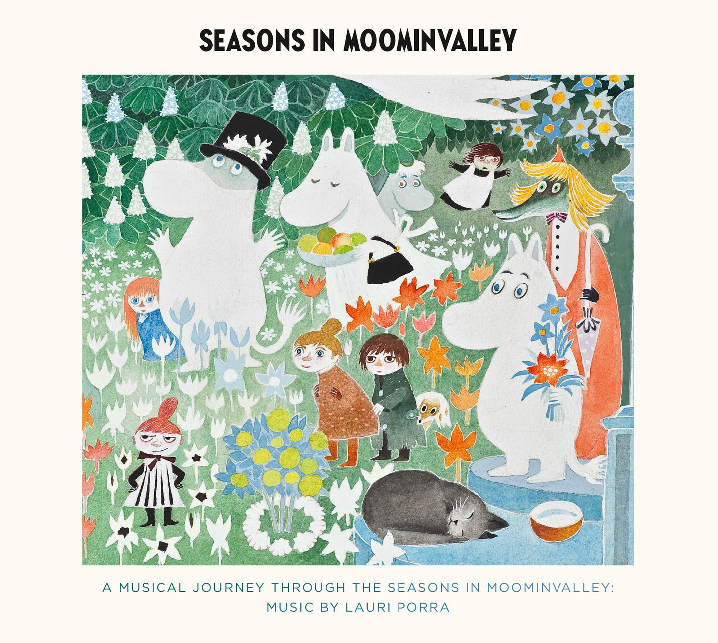 CD cover featuring Moomintroll and friends in a floral landscape.