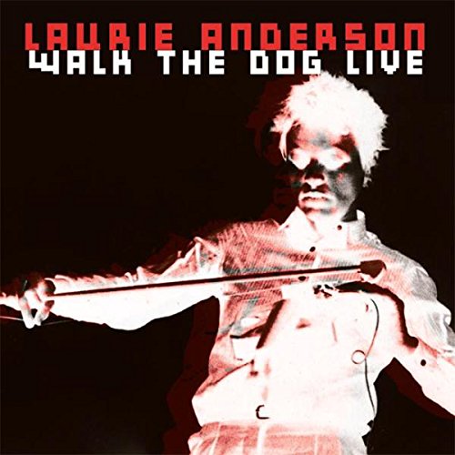 Laurie Anderson playing a violin with a red and black pixelated background.