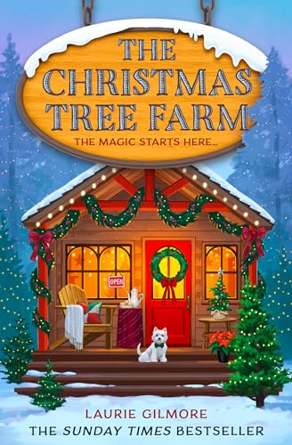 Book cover: cozy cabin with Christmas decorations and a white cat.
